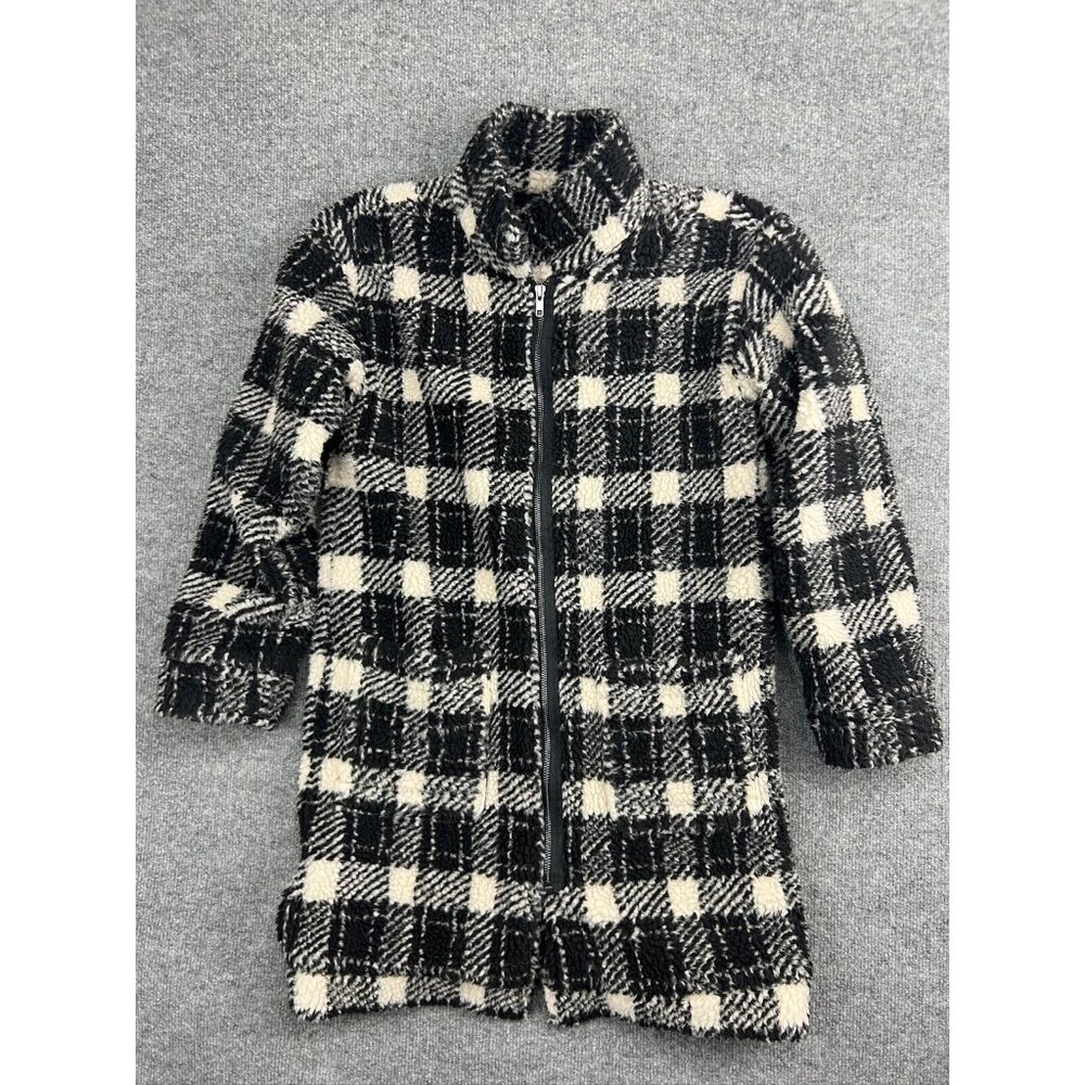 Satwater Luxe Coat Women's XS‎ Black Cream Plaid Sherpa Full Zip Long Jacket